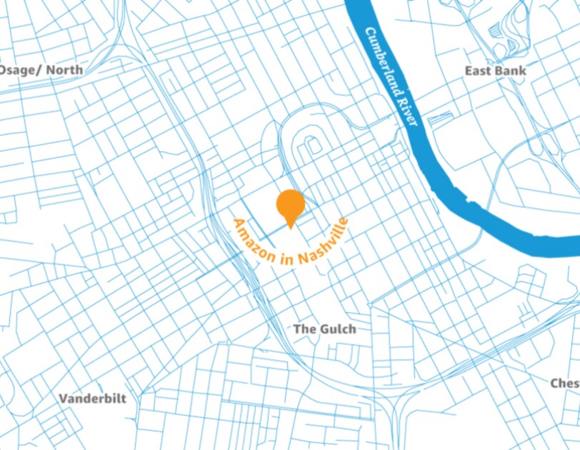 Map of the Nashville area with a pin placed to illustrate the location of a new Amazon Operations Center of Excellence.