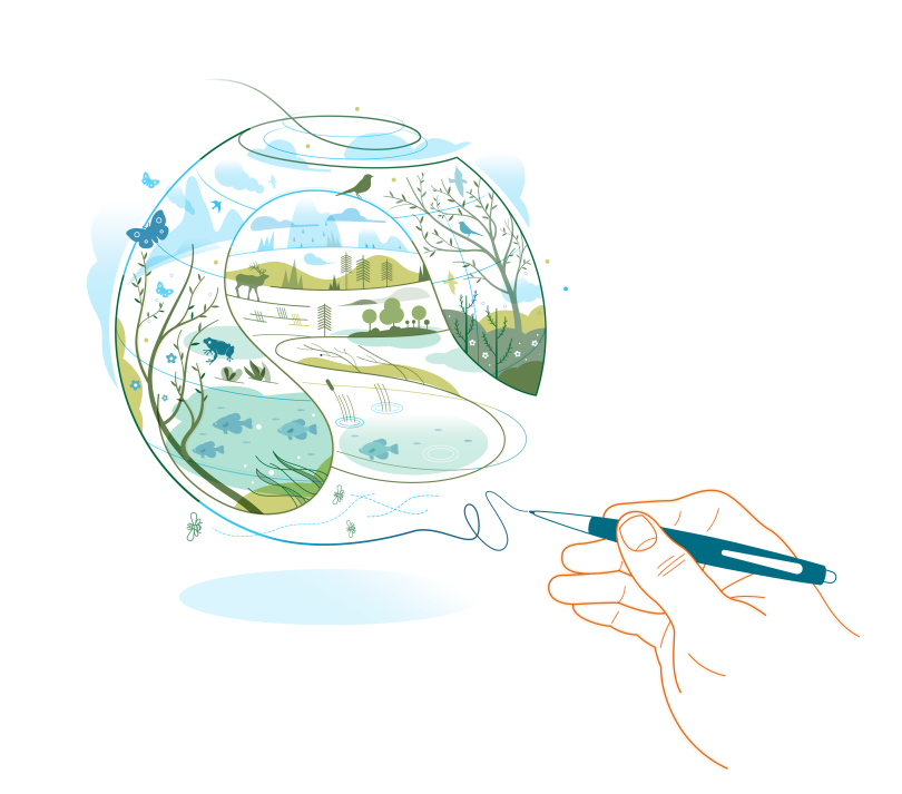 Climate Pledge illustration of a hand drawing an image of a healthy, green planet.
