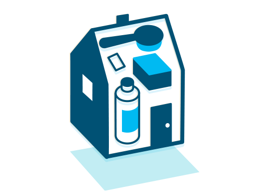 Blue icon of a house with various household products inside.