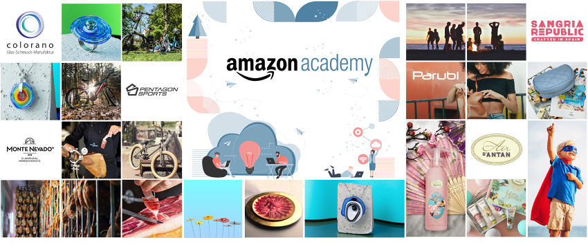 A collage image of small business seller products. In the center is a text graphic that says "Amazon Academy"