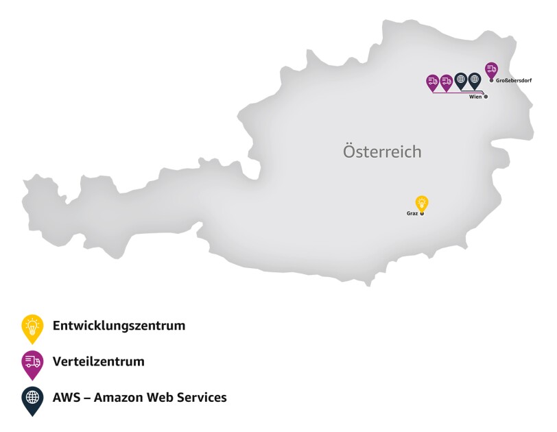 Die Österreichkarte zeigt die 6 Amazon Standorte auf.