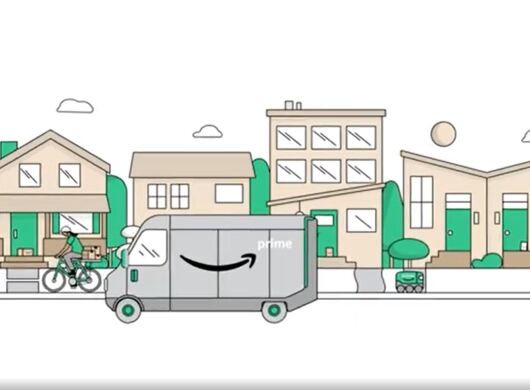 An illustration of a Prime truck driving through a neighborhood. 