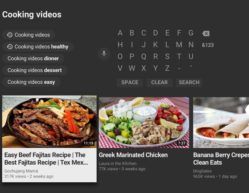YouTube search menu for cooking videos on Fire TV