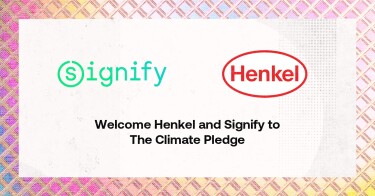 image with logos of henkel and signify, stating "Welcome Henkel and Signify to the Climate Pledge"