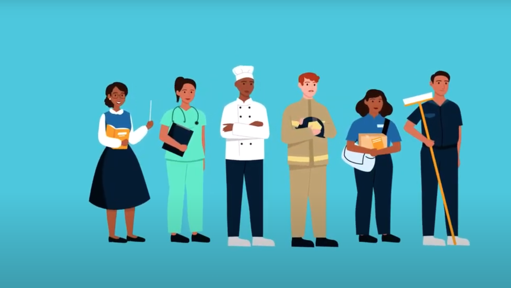 Amazon Housing Equity Fund video thumbnail showing an illustration of people dressed for different career.