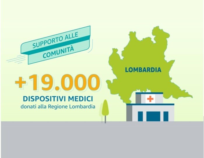 A sinistra, sagoma della Regione Lombardia e illustrazione di un ospedale. A destra, una scritta recita '+19000 dispositivi medici donati alla Regione Lombardia'.