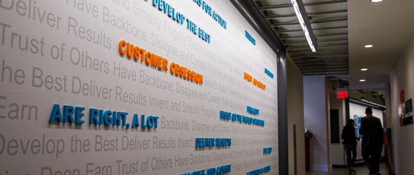 Amazon's leadership principles displayed on a wall in our Washington DC office