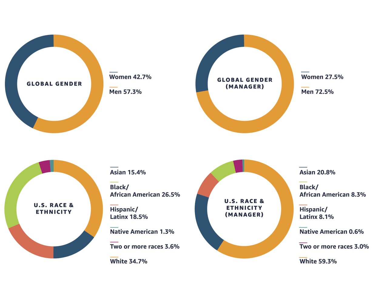 Amazon diversity data for 2019 broken down into gender and race and ethnicity.