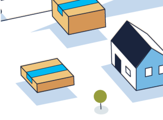 An section of the Shipment Zero illustration that features a house, two Amazon packages and a solitary tree.