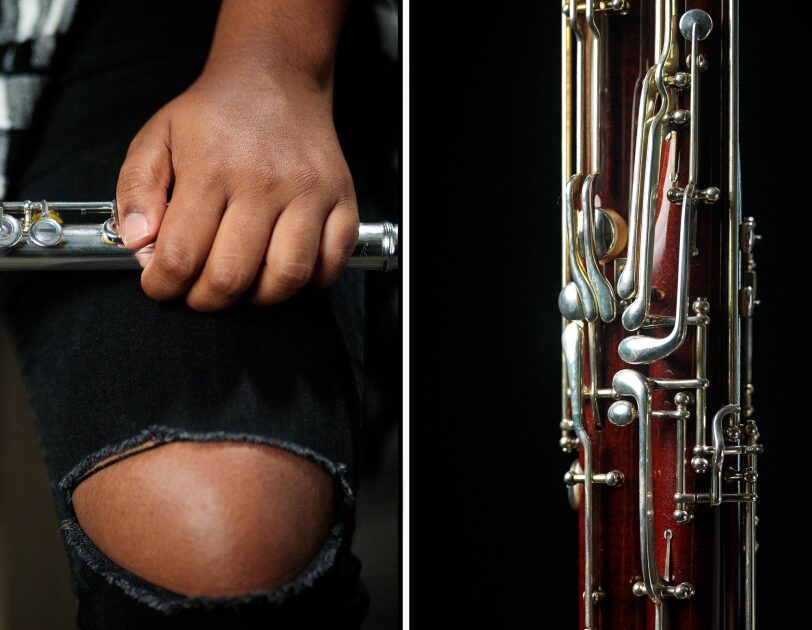 Side-by-side images of close-ups of musical instruments. On the left, a flautist holds her instrument. On the right, a bassoon.