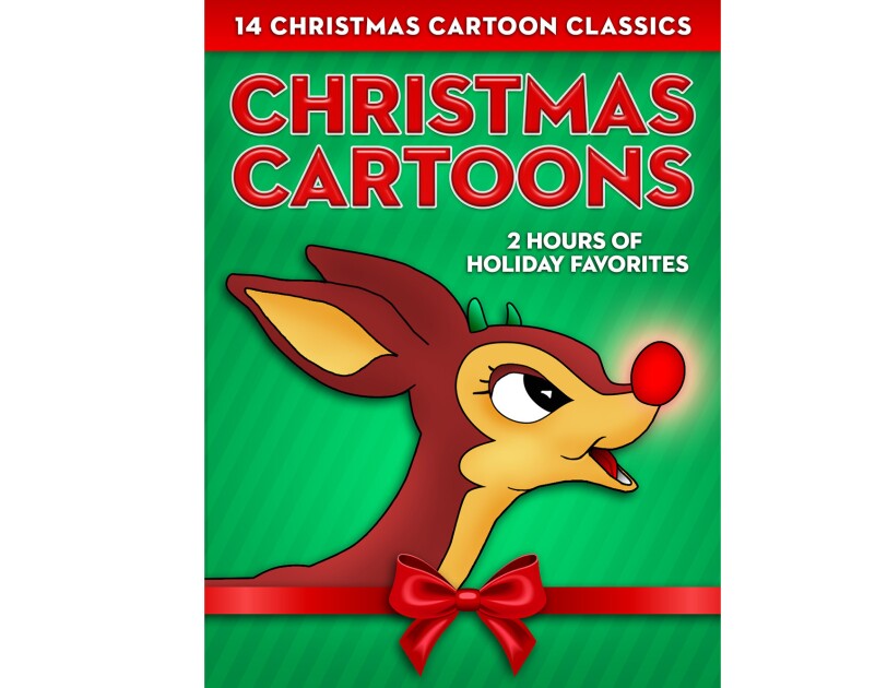 Cover art for "Christmas Cartoons" animated cartoon classics, with Rudolph the red-nosed reindeer smiling as his nose glows, in front of a green-on-green striped background.