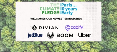 Fotografía de un bosque t delante en un cuadro blanco The Climate Pledge, Paris 10 years early welcomes our newest signatories y los logos de Rivian, Cabify, jetBlue, Boom y Uber.