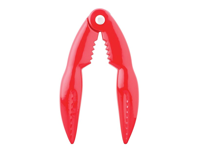 Shiny red claw cracker that looks like crustacean claws, on a white background.