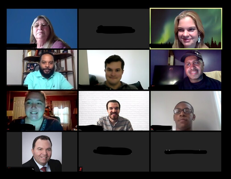 A Zoom call, showing more than a dozen individuals participating in AWS re/Start cloud education.