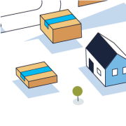An section of the Shipment Zero illustration that features a house, two Amazon packages and a solitary tree.
