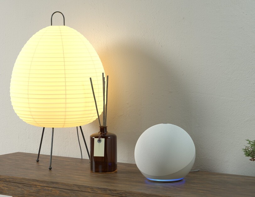 Echo Dot on a table next to a lamp, a reed diffuser and a bonsai tree.