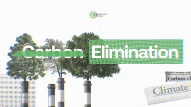 Image with trees growing out of industrial structures and the words "carbon elimination"