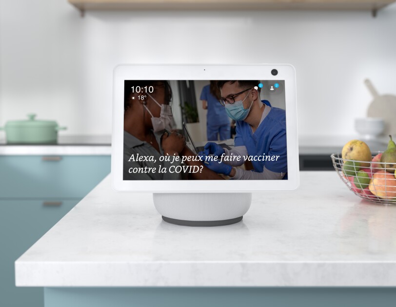 Alexa is asked in French about a nearby COVID-19 vaccination site