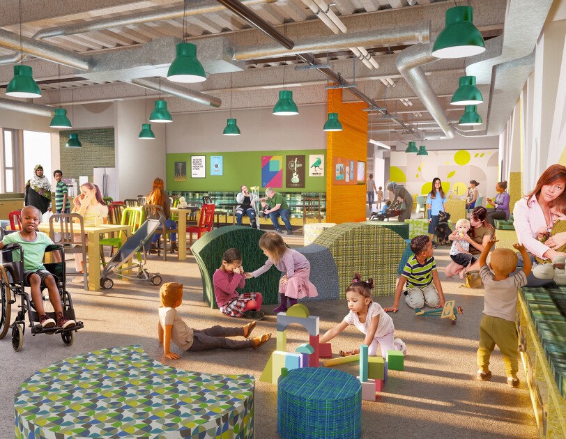 Rendu du nouveau Mary's Place Family Center dans le Regrade, sur le campus d'Amazon à Seattle.