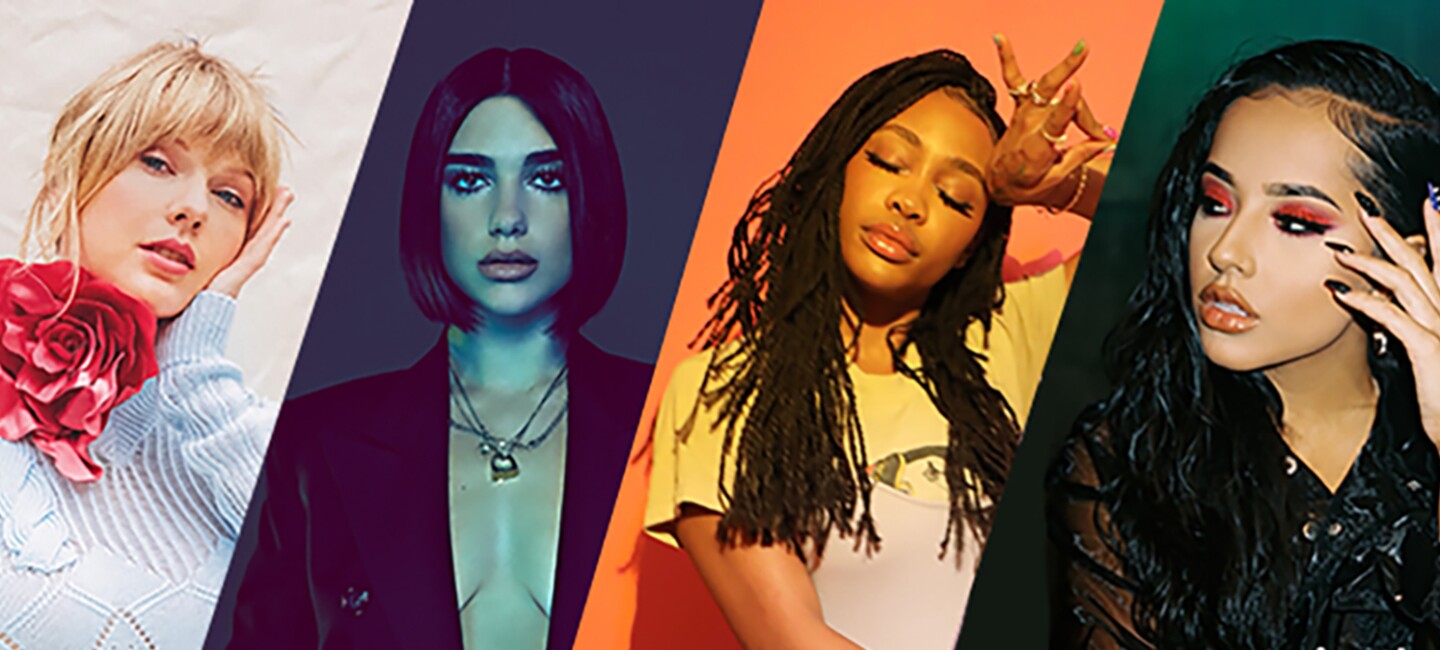 Composite image of Taylor Swift, Dua Lipa, SZA, and Becky G, talent performing in the 2019 Prime Day concert.