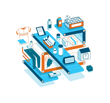 Illustration of various Amazon products, including clothing, devices, food, and house hold products.