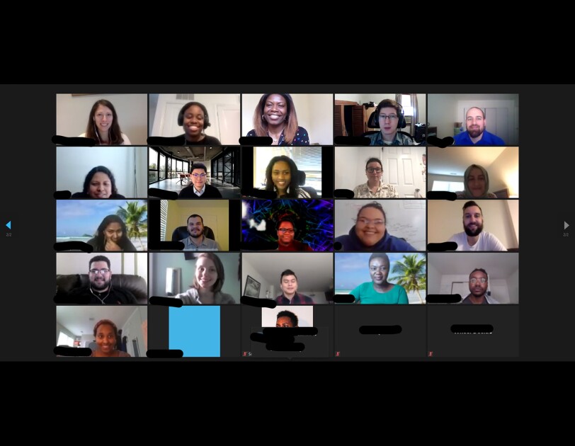 A Zoom call, showing more than a dozen individuals participating in AWS re/Start cloud education.