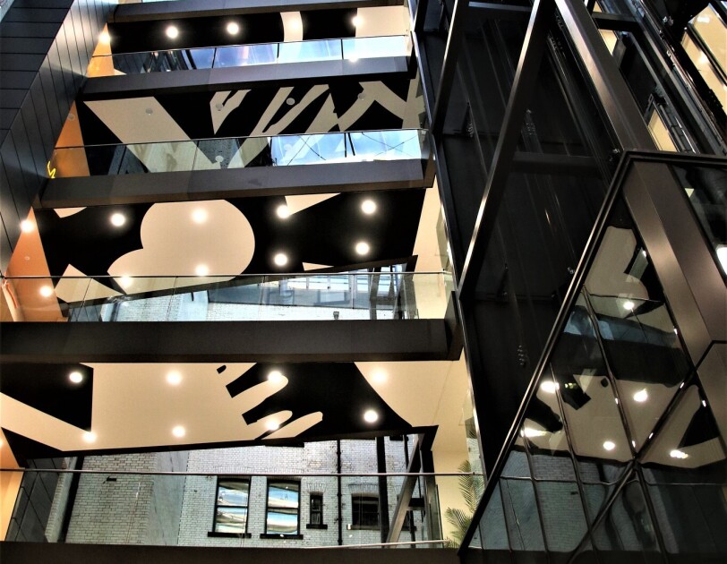 View from below of the multiple floors in the Amazon Manchester offices.