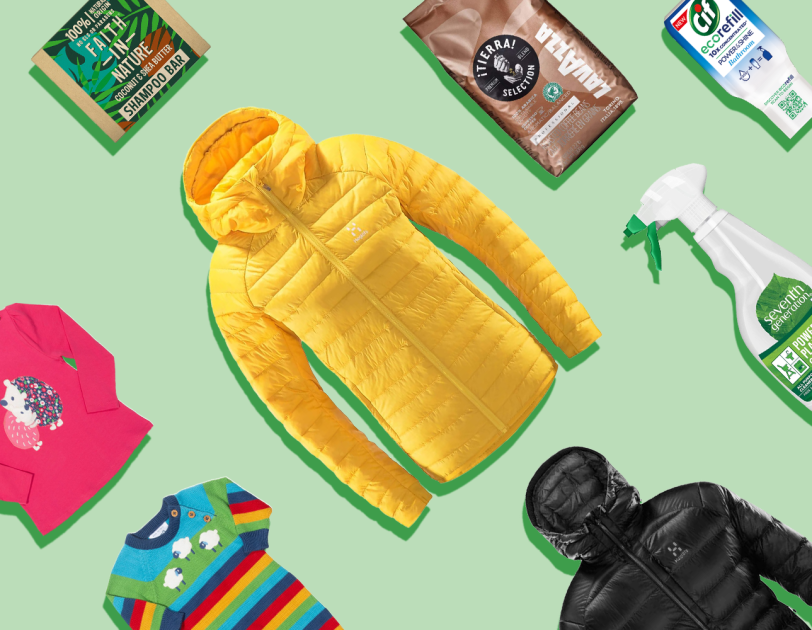 Climate Pledge Friendly products including bright yellow jacket, Cif, Coffee and pink long sleeved childrens top