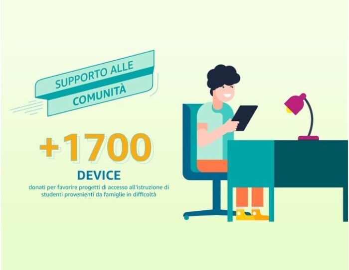 Sulla destra, illustrazione di un ragazzo seduto ad una scrivania con un tablet in mano. A sinistra, una scritta recita: '+1700 device donati per favorire progetti di accesso all'istruzione di studenti provenienti da famiglie in difficoltà'.